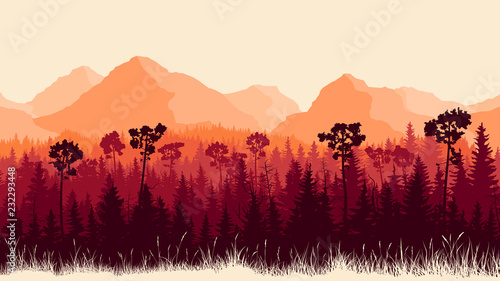 Vertical illustration of mountains and forest with grass.