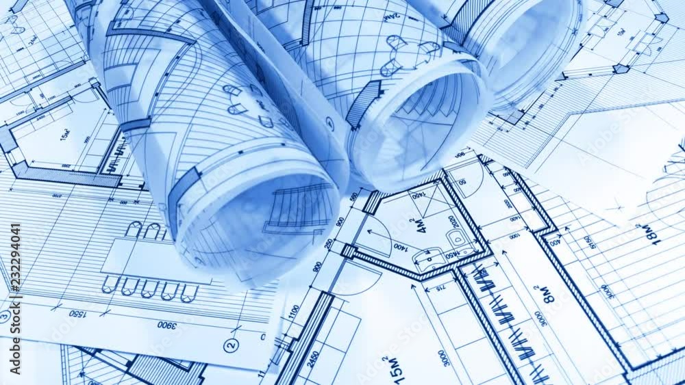 Blueprints - rolls of architectural drawings smoothly rotate on the surface of the architectural plan of a modern house / seamless looping Blueprints - rolls of architectural drawings smoothly rotate on the surface of the architectural plan of a modern house / seamless looping