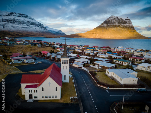 Panoramic Aerial view of kirkjufell and Grundarfjörður