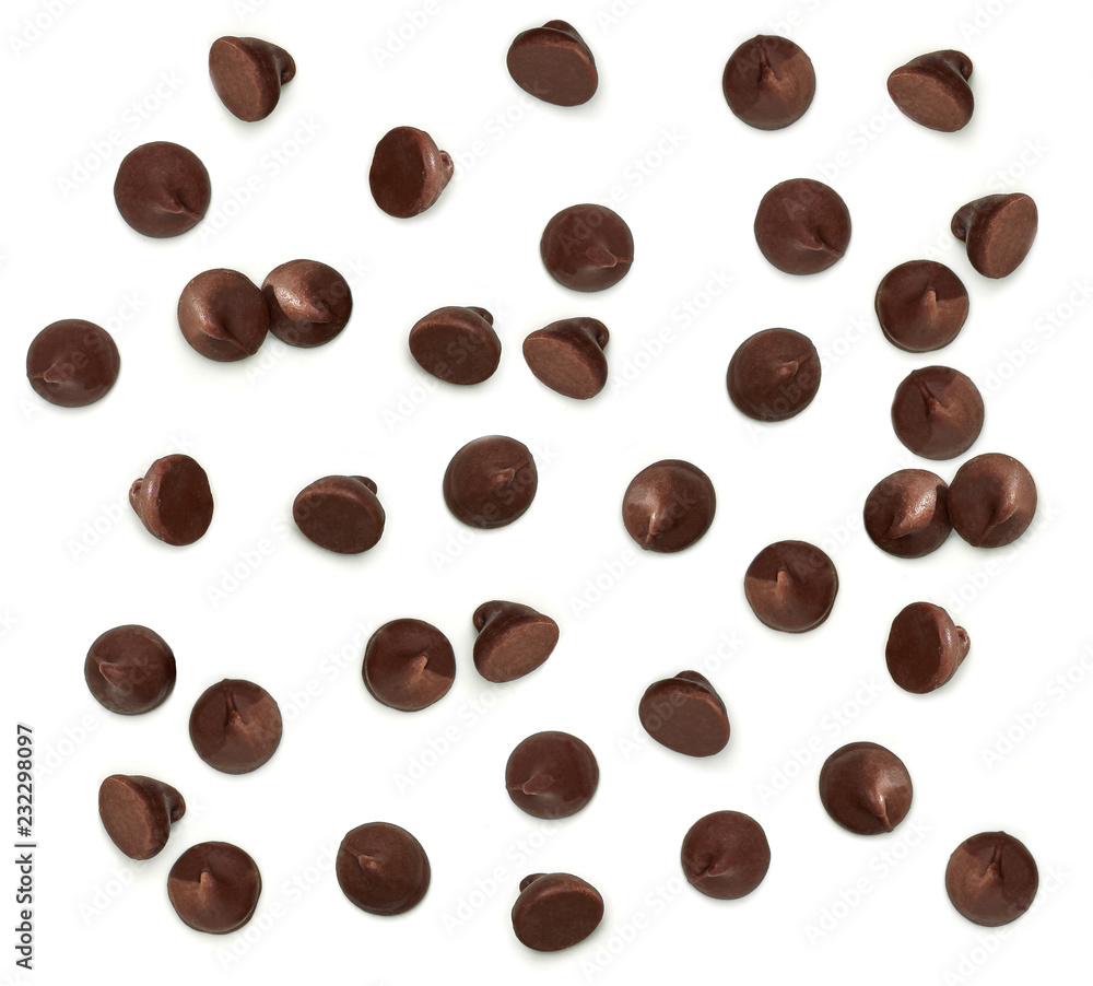 Scattered Chocolate Chips Morsels Or Drops From Top View Isolated On 