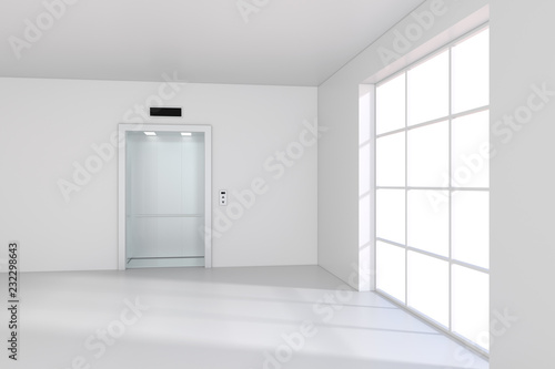 Large window with light on floor near of empty elevator cabin. 3d rendering.