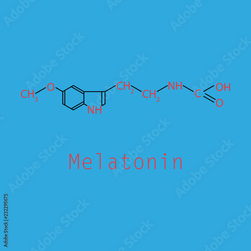 Melatonin hormone molecule. In humans, it plays a role in circadian rhythm synchronization. Skeletal formula.