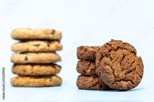 Cookies in macro photography. Chocolate drops in detail on cookie. Biscuit seen close up in detail.