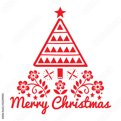 Christmas folk art greeting card with Xmas tree and flowers pattern in red on white background - Merry Christmas decoration