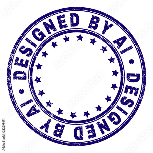 DESIGNED BY AI stamp seal imprint with distress texture. Designed with circles and stars. Blue vector rubber print of DESIGNED BY AI tag with grunge texture.