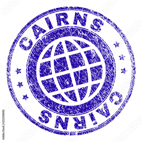 CAIRNS stamp print with grunge texture. Blue vector rubber seal print of CAIRNS text with retro texture. Seal has words placed by circle and globe symbol.