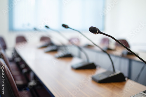 Conference Microphone placed on the table in the conference room, Close up.