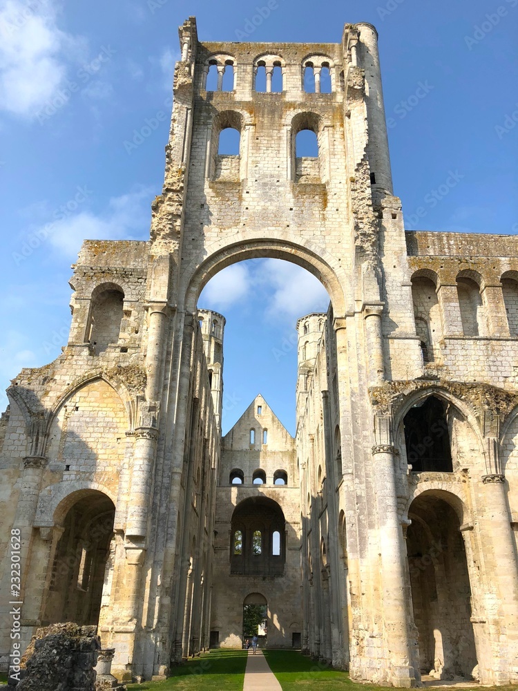 Navata delle rovine della chiesa dell'abbazia di Jumièges, Normandia, Francia