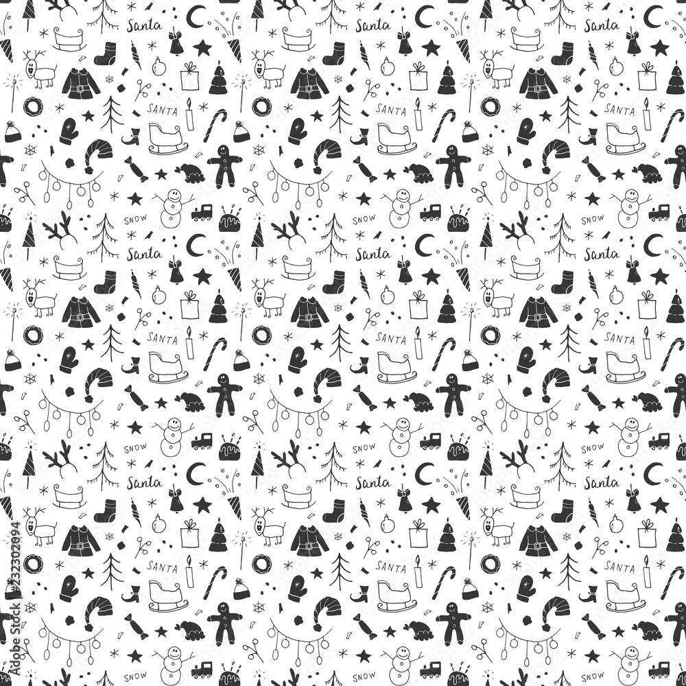 New Year and Christmas seamless pattern, hand drawn doodles Seamless Pattern. Background Vector Illustration New Year and Christmas seamless pattern, hand drawn doodles Seamless Pattern. Background Vector Illustration
