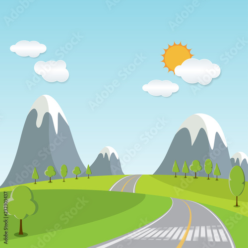 Spring or Summer Cartoon Landscape, with road trail leading towards horizon