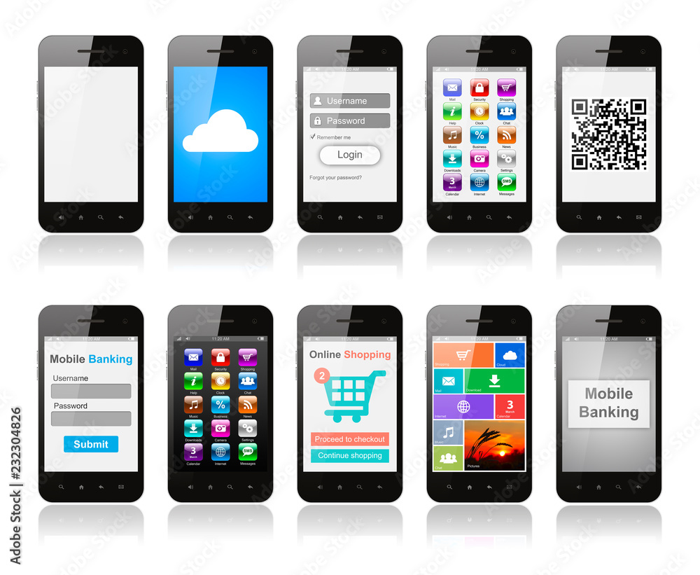 Set of smartphones with interface designs showing different functions and apps Set of smartphones with interface designs showing different functions and apps