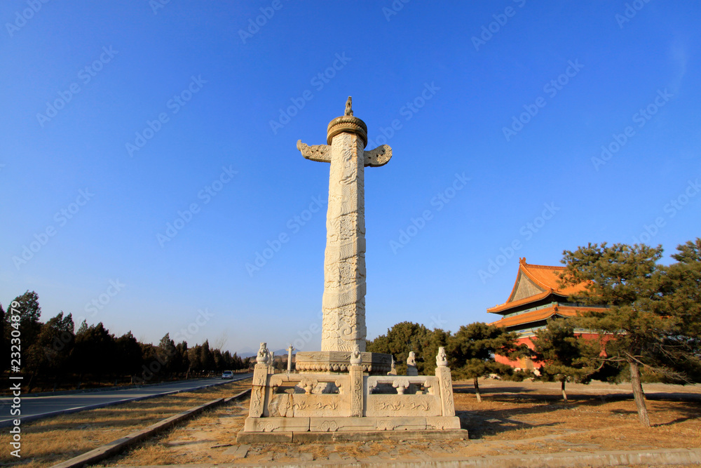 memorial hall and the ornamental columns erected in front of tombs building landscape, in the Eastern Tombs of the Qing Dynasty, ZunHua, hebei province, China.