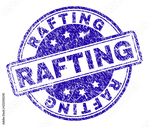 RAFTING stamp seal imprint with grunge texture. Designed with rounded rectangles and circles. Blue vector rubber print of RAFTING label with dirty texture.