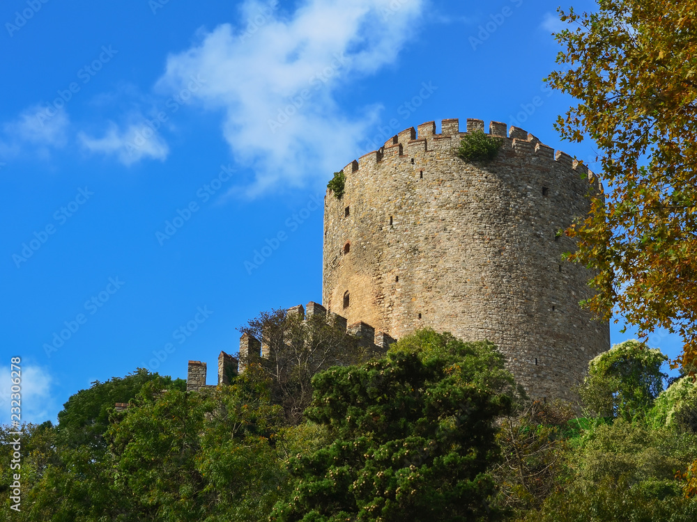 Towers of the fortress Rumeli Hisari against the blue sky and greenery. The fortress was built in 1453 to conquer Constantinople.