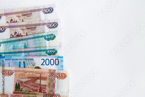 copy space with Russian rubles banknotes on a white background