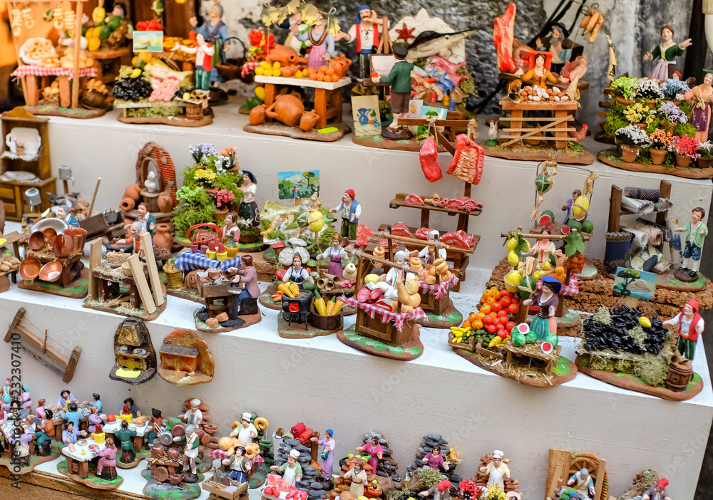 Shop of typical figures for Christmas nativity scene in Naples, Italy