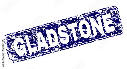 GLADSTONE stamp seal print with distress style. Seal shape is a rounded rectangle with frame. Blue vector rubber print of GLADSTONE label with unclean style.