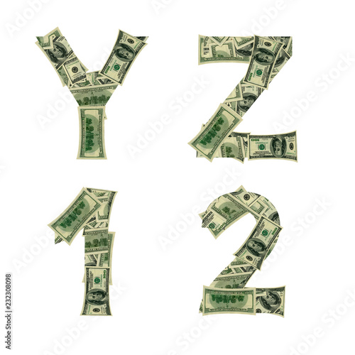 Letters Y, Z, numbers 1, 2 made of dollars isolated on white background