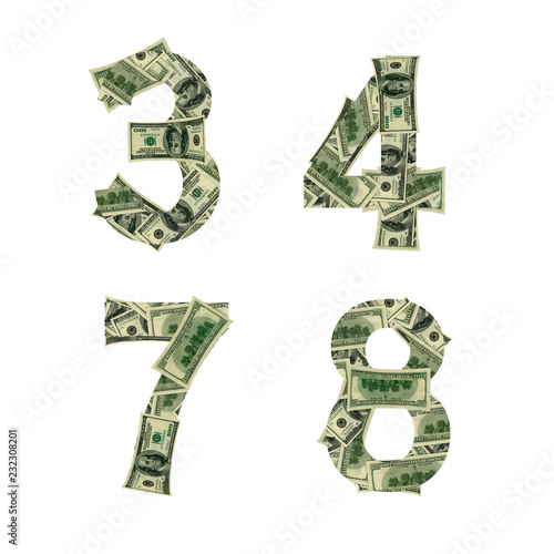 Numbers 3, 4, 7, 8 made of dollars isolated on white background