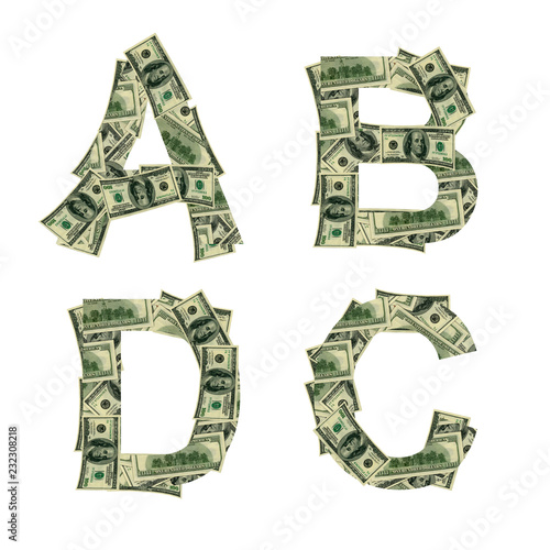 Letters A, B, C, D made of dollars isolated on white background 