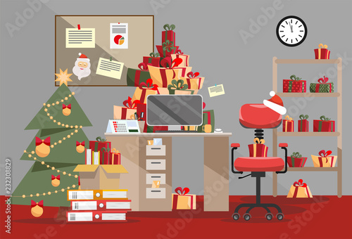 Santa Claus office with mountain of gifts. Piles of present boxes with ribbons and Stack of documents lie on table, floor, shelf. Interior of room is decorated with Christmas tree. Flat cartoon vector