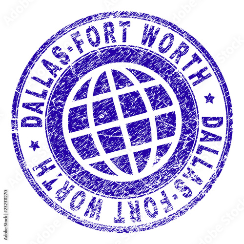 DALLAS-FORT WORTH stamp imprint with grunge texture. Blue vector rubber seal imprint of DALLAS-FORT WORTH text with dust texture. Seal has words arranged by circle and globe symbol.