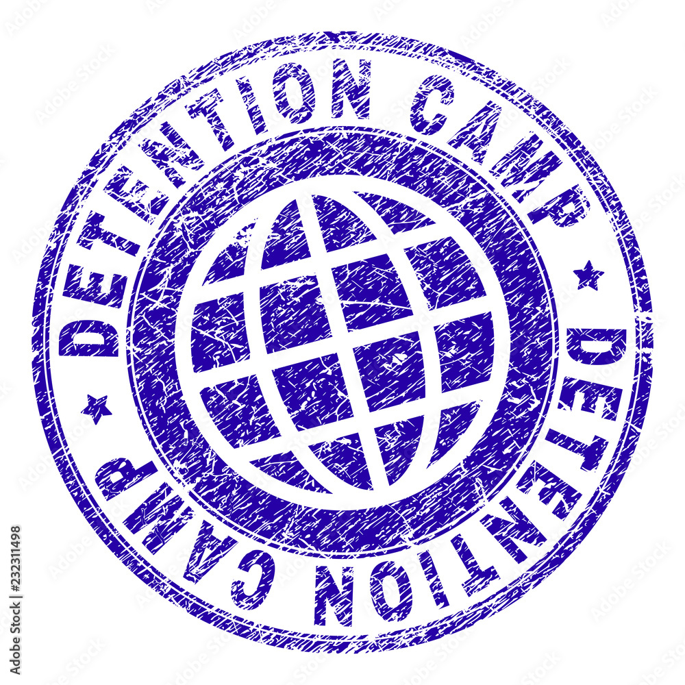 DETENTION CAMP stamp imprint with grunge texture. Blue vector rubber seal imprint of DETENTION CAMP tag with grunge texture. Seal has words arranged by circle and planet symbol.