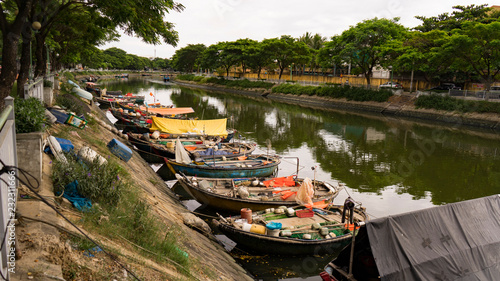 Wallpaper Mural Colorful fisherman boats in the coast of Vietnam river,Danang city Torontodigital.ca