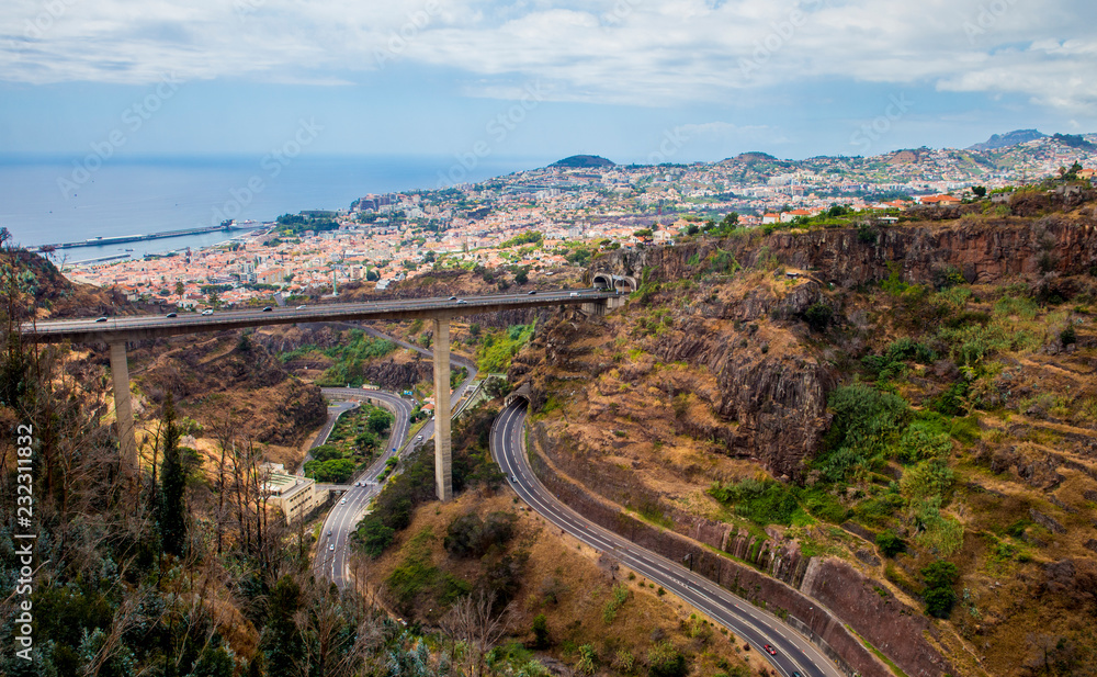 Areal view of city of Funchal on Madeira island, Portugal on summer day.