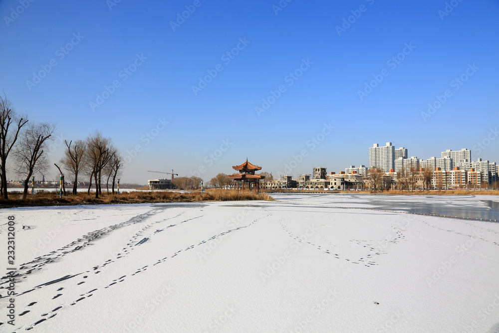 snow-covered landscape in the Beihe Park on december 26, 2013, Luannan County, Hebei Province, China.