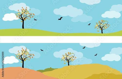 set of two autumn landscape panorama with deciduous tree, meadow, birds and blue sky