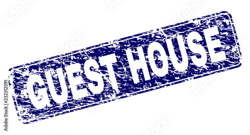 GUEST HOUSE stamp seal print with grunge texture. Seal shape is a rounded rectangle with frame. Blue vector rubber print of GUEST HOUSE tag with scratched texture.