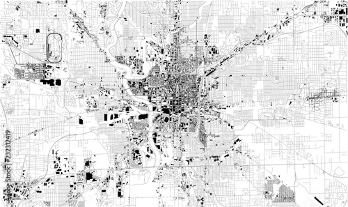 Mappa satellitare di Indianapolis, Indiana, Usa, strade della città. Stradario e mappa del centro città