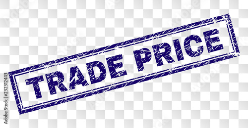 TRADE PRICE stamp seal watermark with rubber print style and double framed rectangle shape. Stamp is placed on a transparent background. Blue vector rubber print of TRADE PRICE text with dust texture.