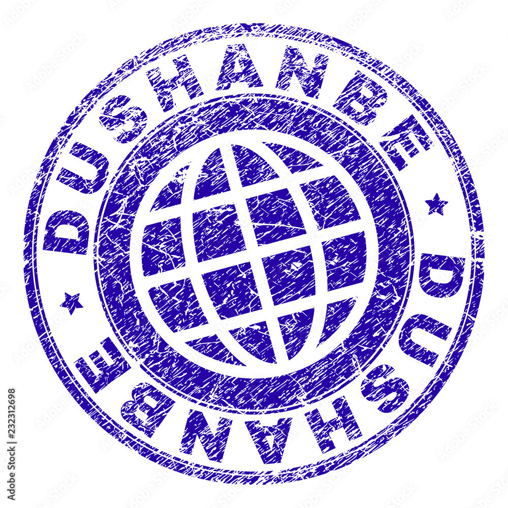 DUSHANBE stamp print with distress texture. Blue vector rubber seal print of DUSHANBE caption with retro texture. Seal has words placed by circle and planet symbol.