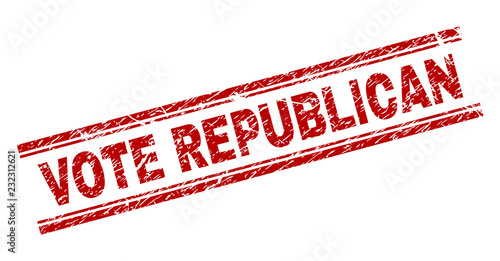 VOTE REPUBLICAN seal print with grunge texture. Red vector rubber print of VOTE REPUBLICAN caption with grunge texture. Text caption is placed between double parallel lines.