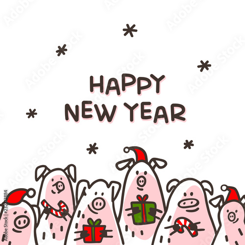 Happy new year Pig greeting card. Funny pigs with candy canes, gifts and santa hats. 2019 Chinese New Year symbol. Doodle style characters for greeting cards, print, icon, sticker. Vector illustration