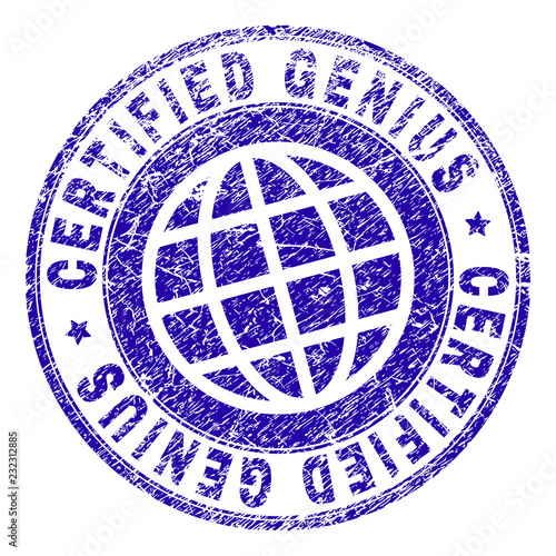 CERTIFIED GENIUS stamp imprint with grunge texture. Blue vector rubber seal print of CERTIFIED GENIUS label with grunge texture. Seal has words placed by circle and globe symbol.