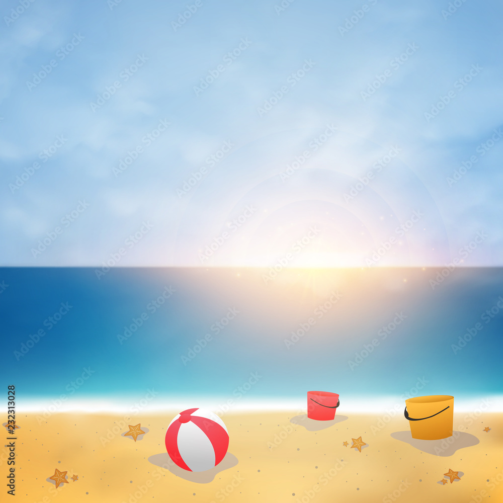 Aummer background on blue sky beach with sunny burst.