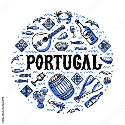 Portugal landmarks set. Handdrawn sketch style vector illustration
