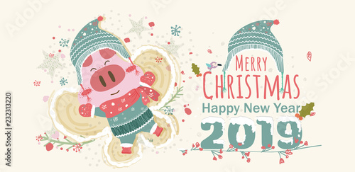 Happy holidays warm wishes creative hand drawn card winter animal pig enjoying winter snow hat text happy merry christmas and happy new year happy greeting card vector elements greeting card hipster