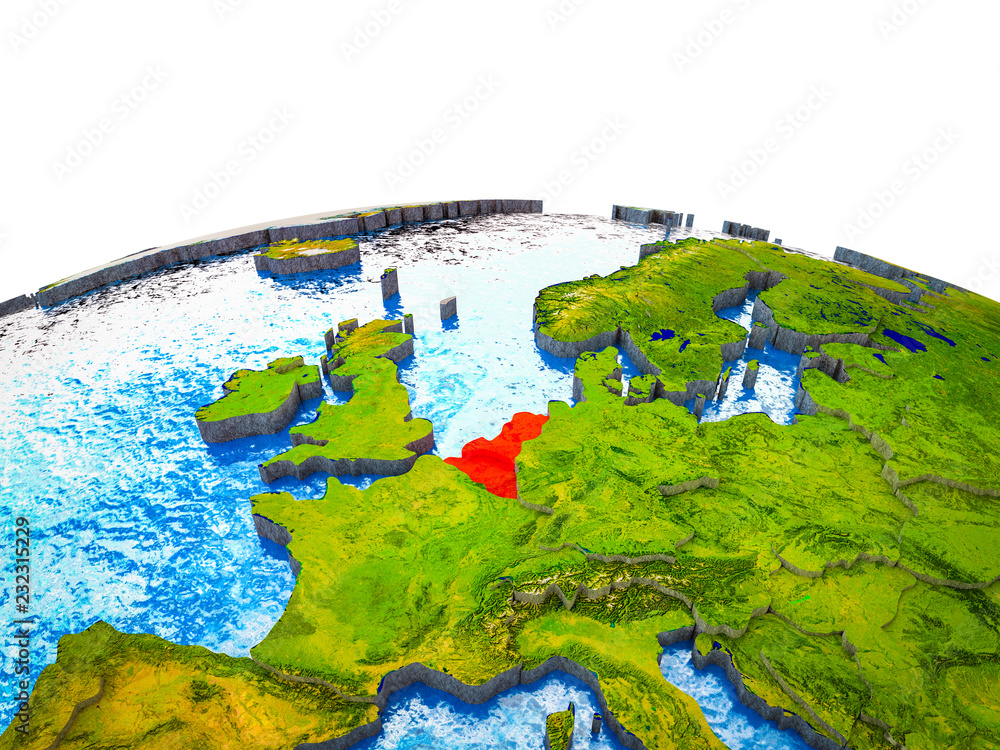 Benelux Union on 3D Earth with visible countries and blue oceans with waves.