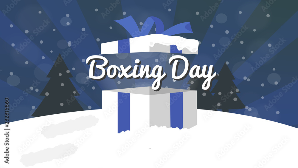 Boxing Day Sale Design with Gift Box, Snowfall, and Bokeh Effect.