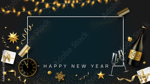 Happy New Year card with Christmas decorations, gifts, Champagne and clock. photo