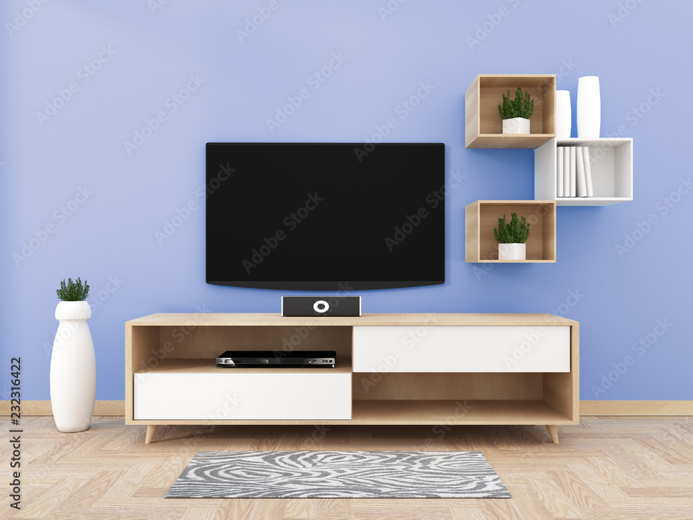TV on cabinet in modern living room on blue wall background,3d rendering TV on cabinet in modern living room on blue wall background,3d rendering