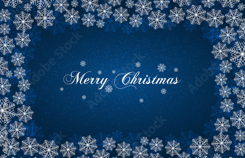 Blue New Year background with white snowflakes and inscription Merry Christmas. Snowfall. For Christmas design