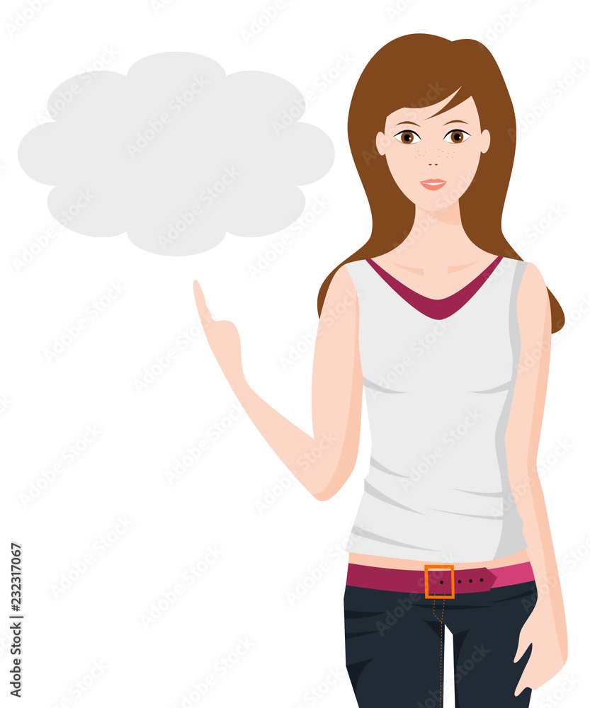 young woman showing with finger young woman showing with finger
