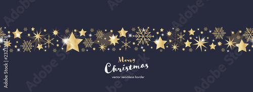 Christmas time. Dark blue and golden snowflake and star seamless border. Text : Merry Christmas 
