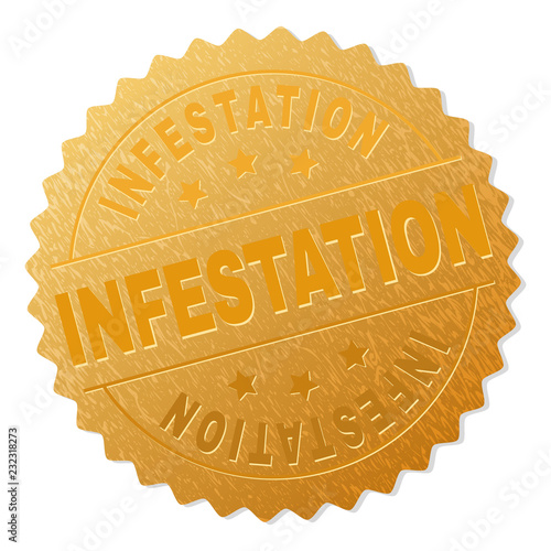 INFESTATION gold stamp award. Vector gold award with INFESTATION text. Text labels are placed between parallel lines and on circle. Golden area has metallic effect.