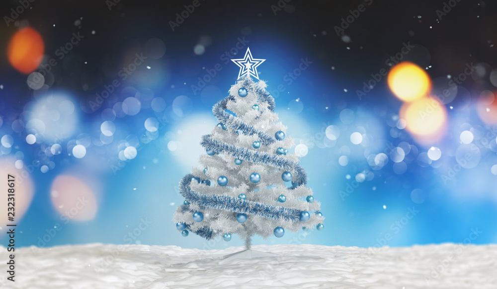 Decorated white and blue Christmas tree in snow
